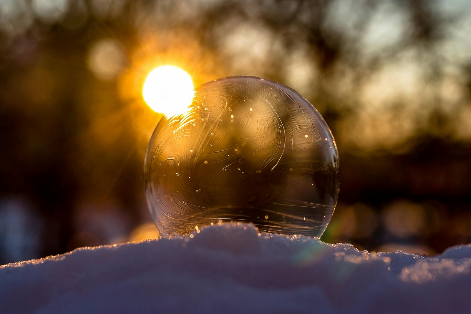 Captivating frozen bubble on snow with a golden sunset backdrop.